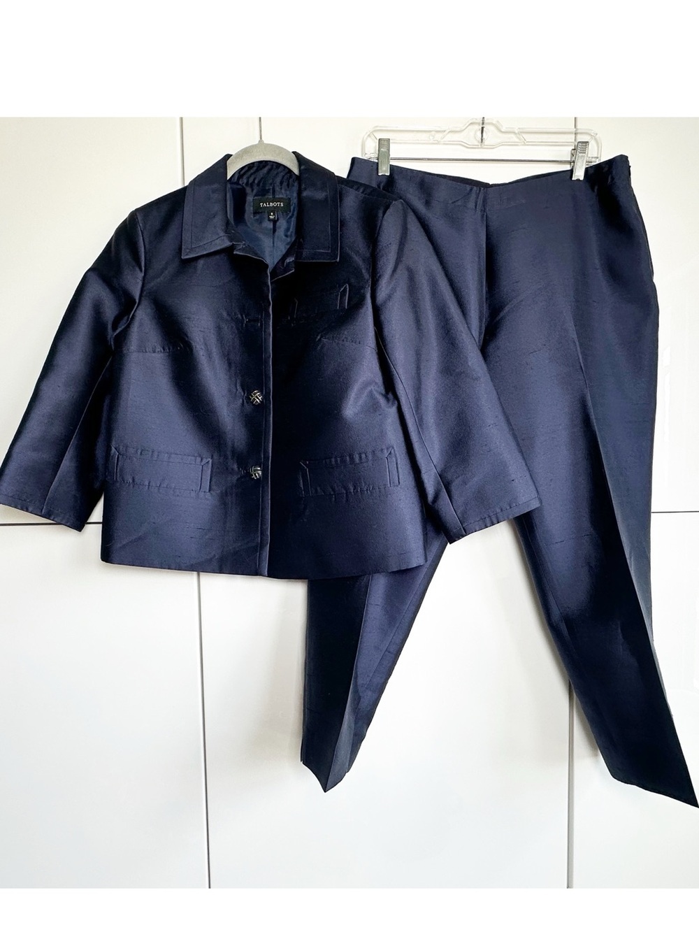 Talbots Silk Wool Pantsuit Size 8 Jacket Trousers Navy Blue Spring Wedding